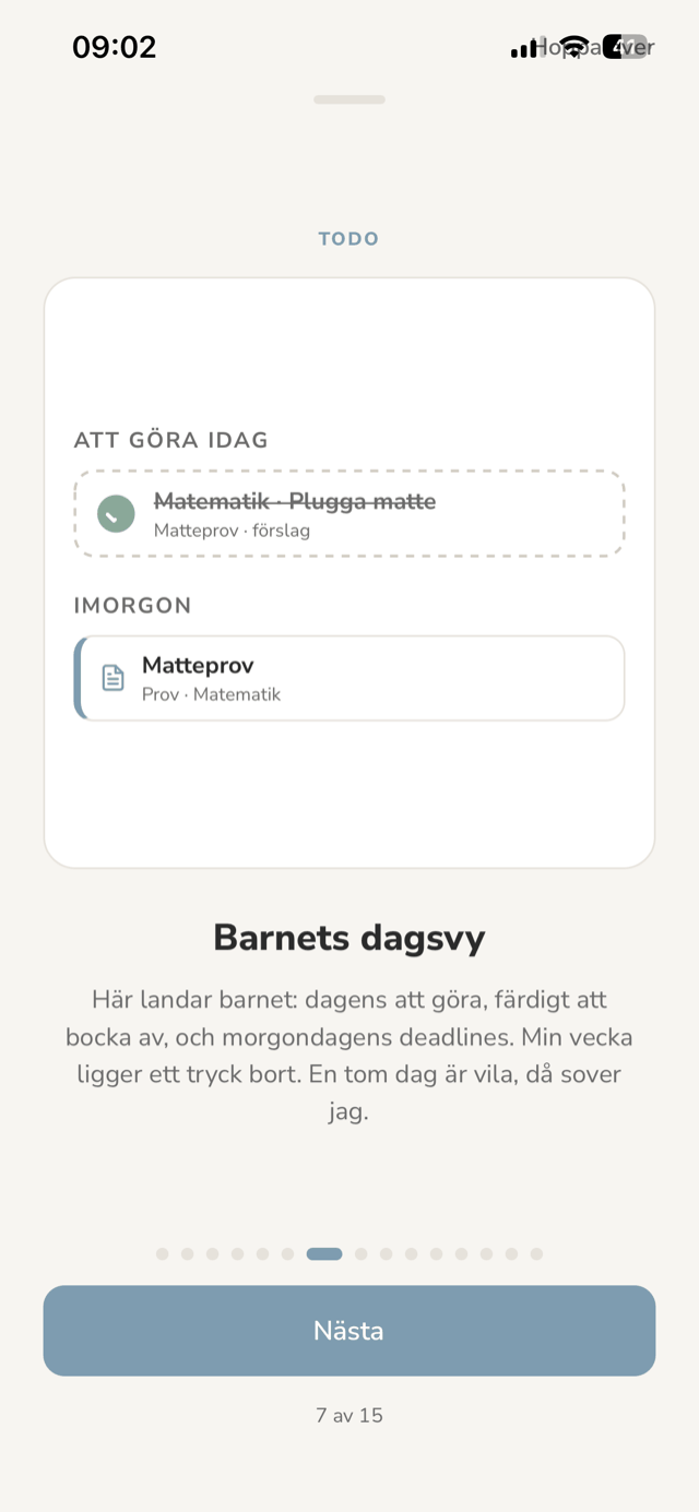 Skärmbild ur appen: barnets dagsvy med små, görbara steg