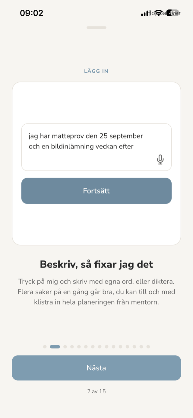 Skärmbild ur appen: Lägg in, där du skriver eller klistrar in skoluppgifter