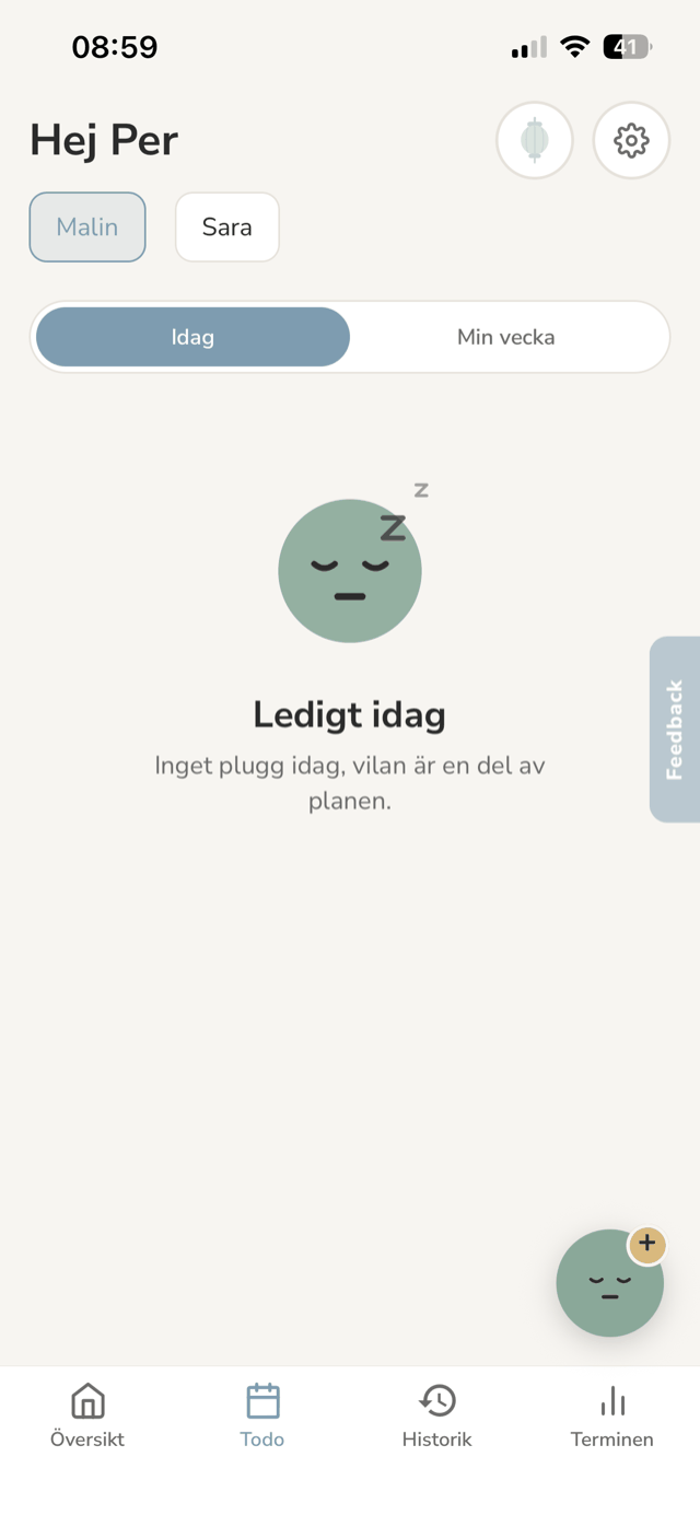 Skärmbild ur appen: Ledigt idag, en helg utan pluggpass