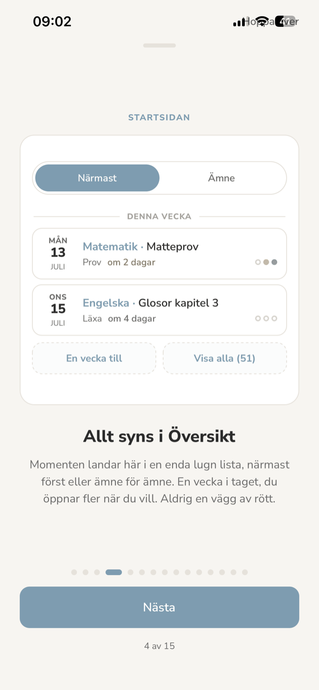 Skärmbild ur appen: Översikten, veckans prov och läxor i en lugn lista