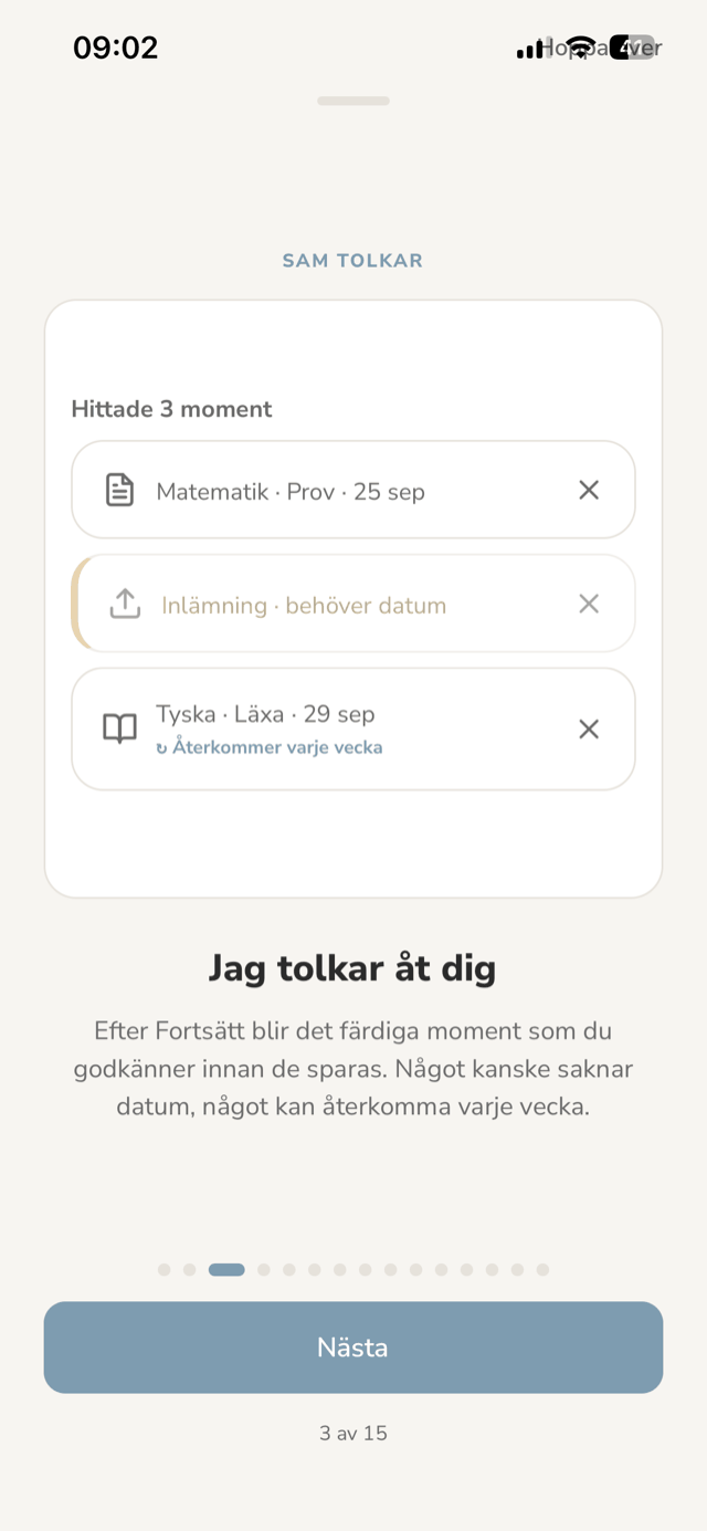 Skärmbild ur appen: det du skriver tolkas och blir ett förslag till plan